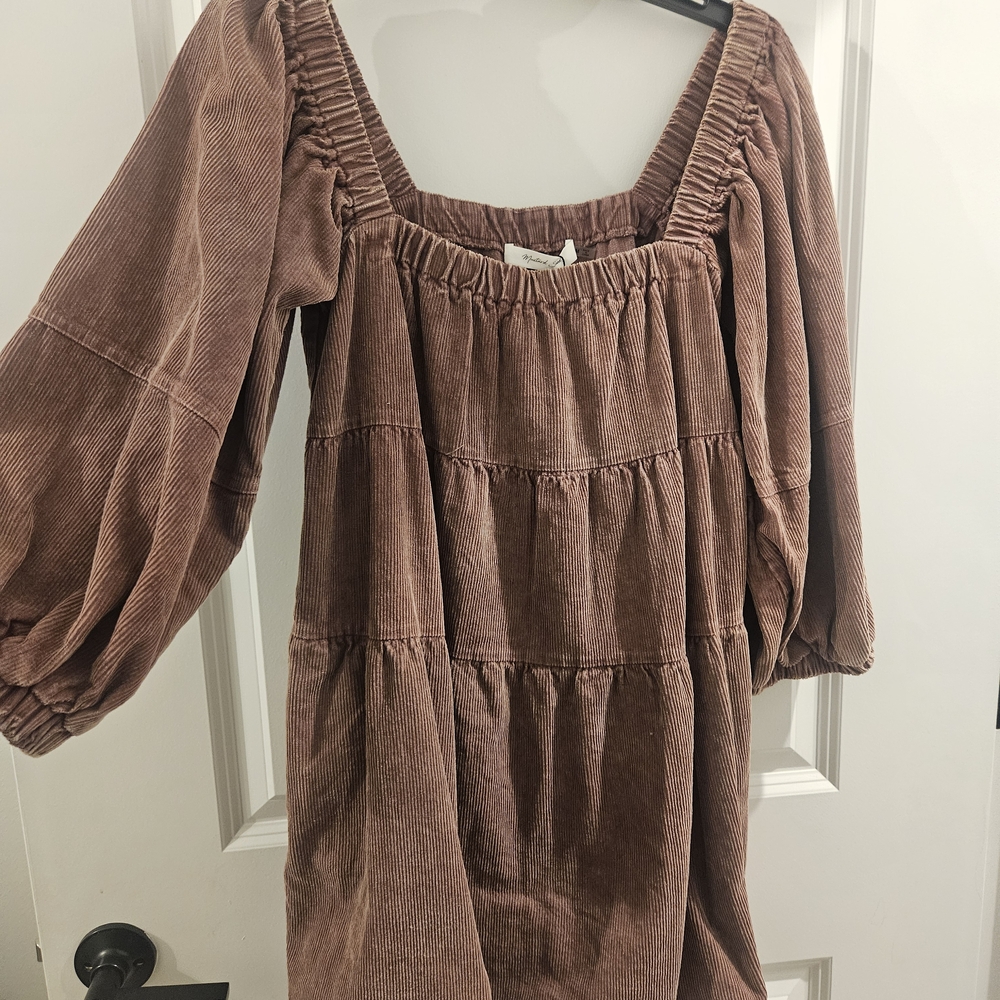 Brown Corduroy Dress with Puff Sleeves